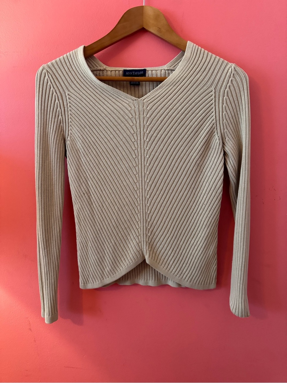 Ann Taylor Cream Ribbed V-Neck Crossover Sweater - Picture 1 of 3